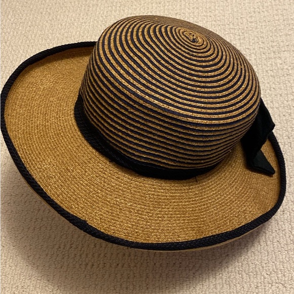 One-of-a-Kind Straw Hat - Navy, Tan, with Silk Navy Bow - Picture 2 of 6